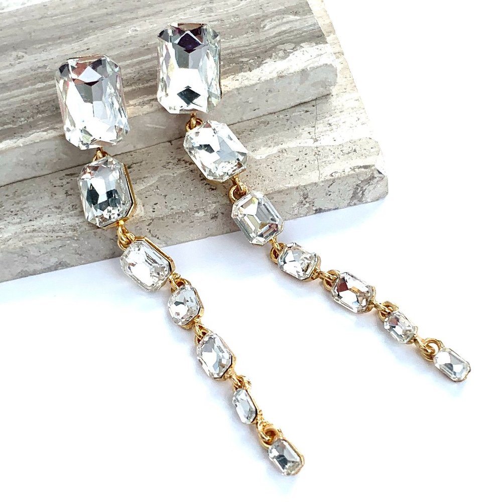 New ~ Anthropologie Shashi "Kristall" Long Clear Crystal Earrings